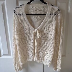 Cream Open-Knit Tie-Front Cardigan